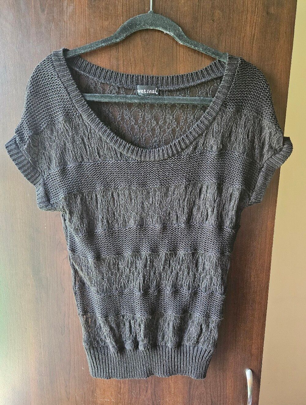 Y2K Wet Seal Black Lace Sheer Short Sleeve Top
